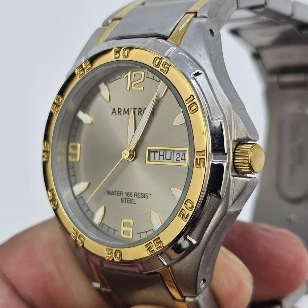 VTG Armitron Men's Watch 37MM Silver Dial Day/Date Two Tone Band 6